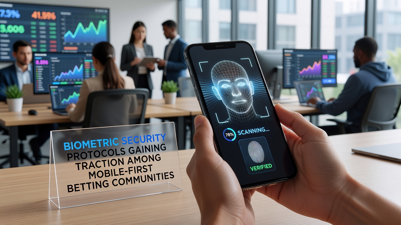 Group of users engaging with mobile betting apps showing secure biometric verification interfaces