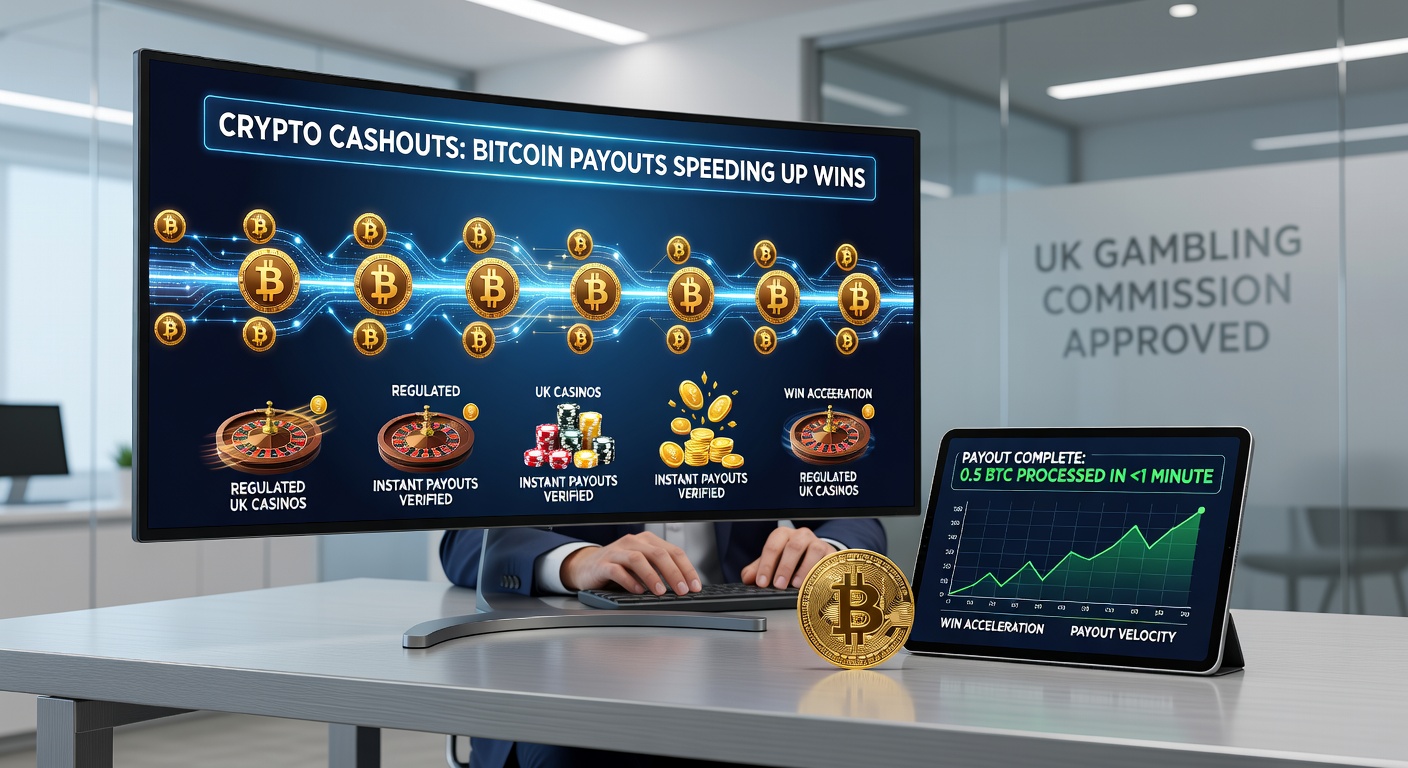Animated graphic of Bitcoin flowing from casino vault to player wallet, with speedometer showing acceleration from traditional banking delays