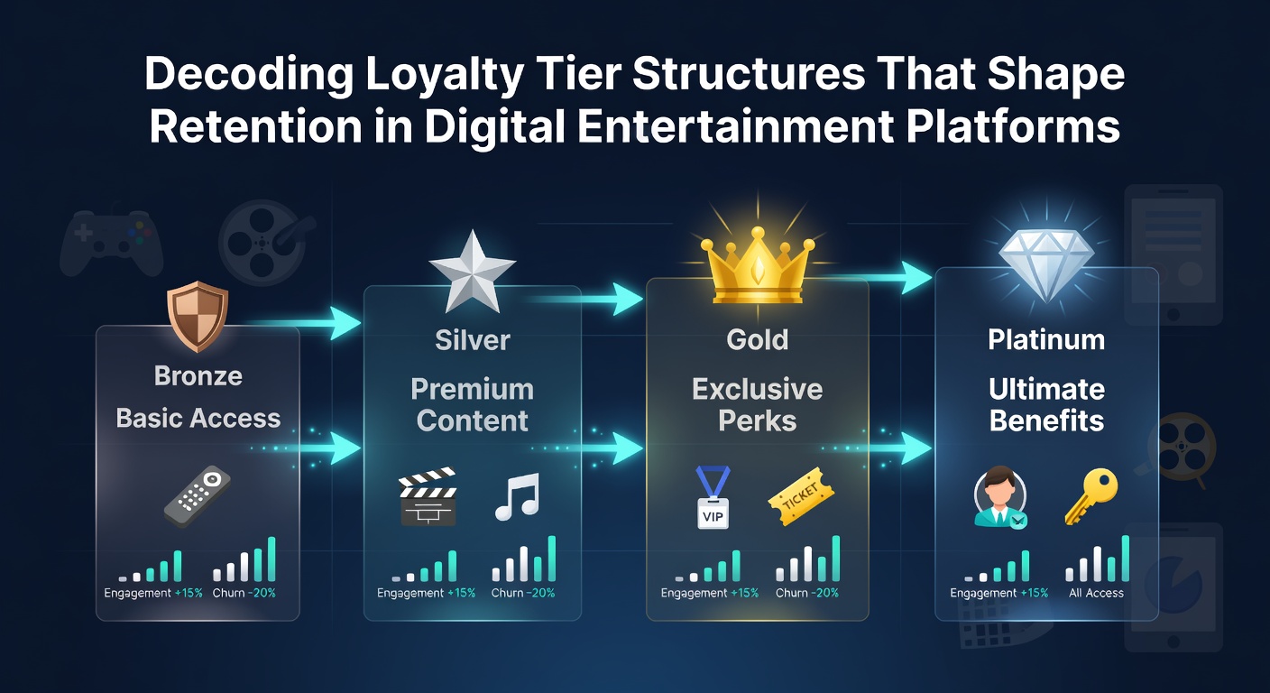 Loyalty tier dashboard showing bronze silver gold and platinum levels with progress bars and reward icons on a digital entertainment platform interface