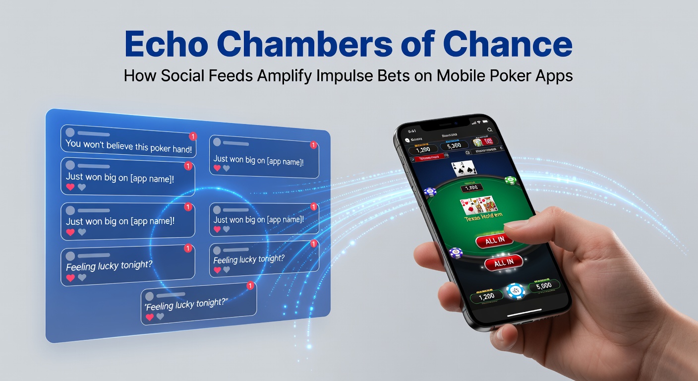 Smartphone screen displaying a social media feed filled with poker app promotions, wins, and urgent betting prompts amid colorful notifications