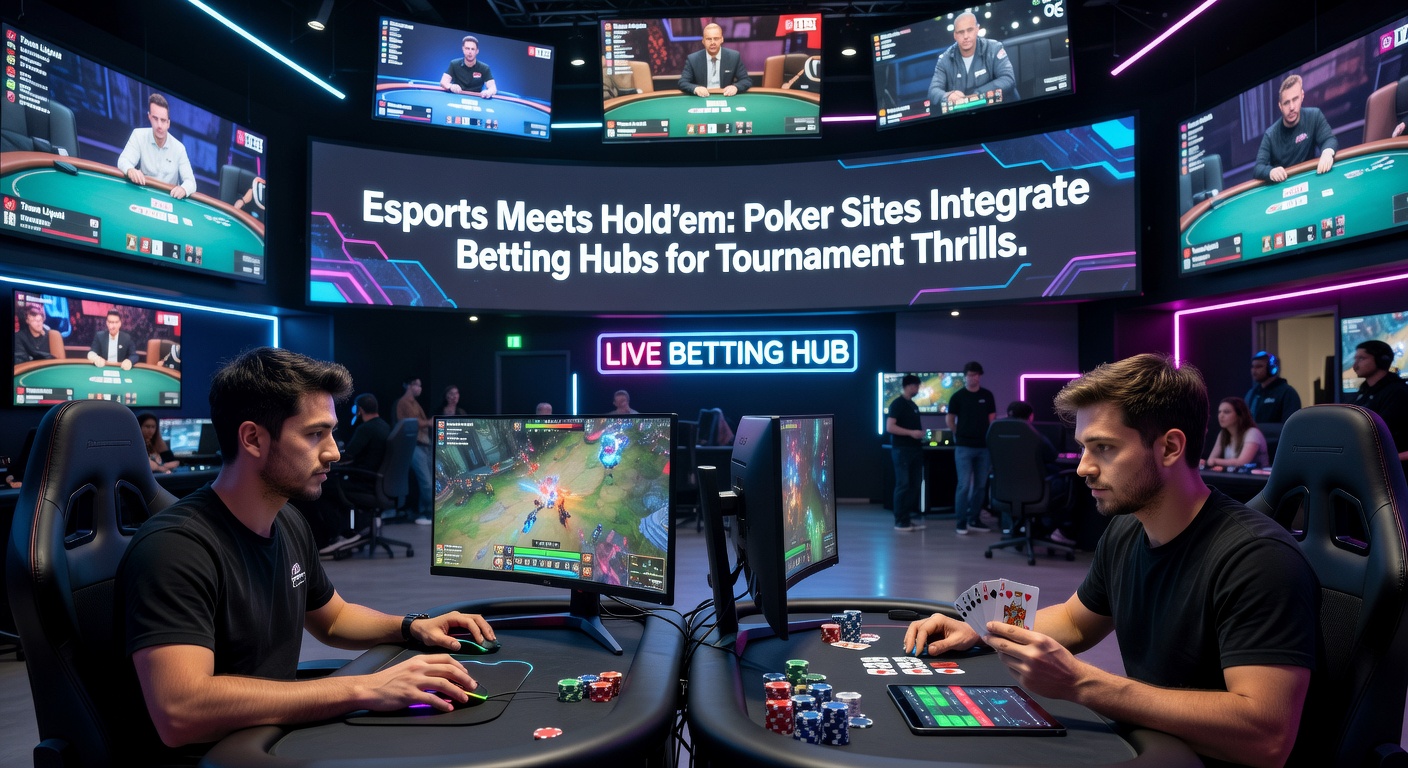 Dynamic scene of poker chips stacked beside esports screens showing live tournament action, highlighting the fusion of Hold'em and competitive gaming
