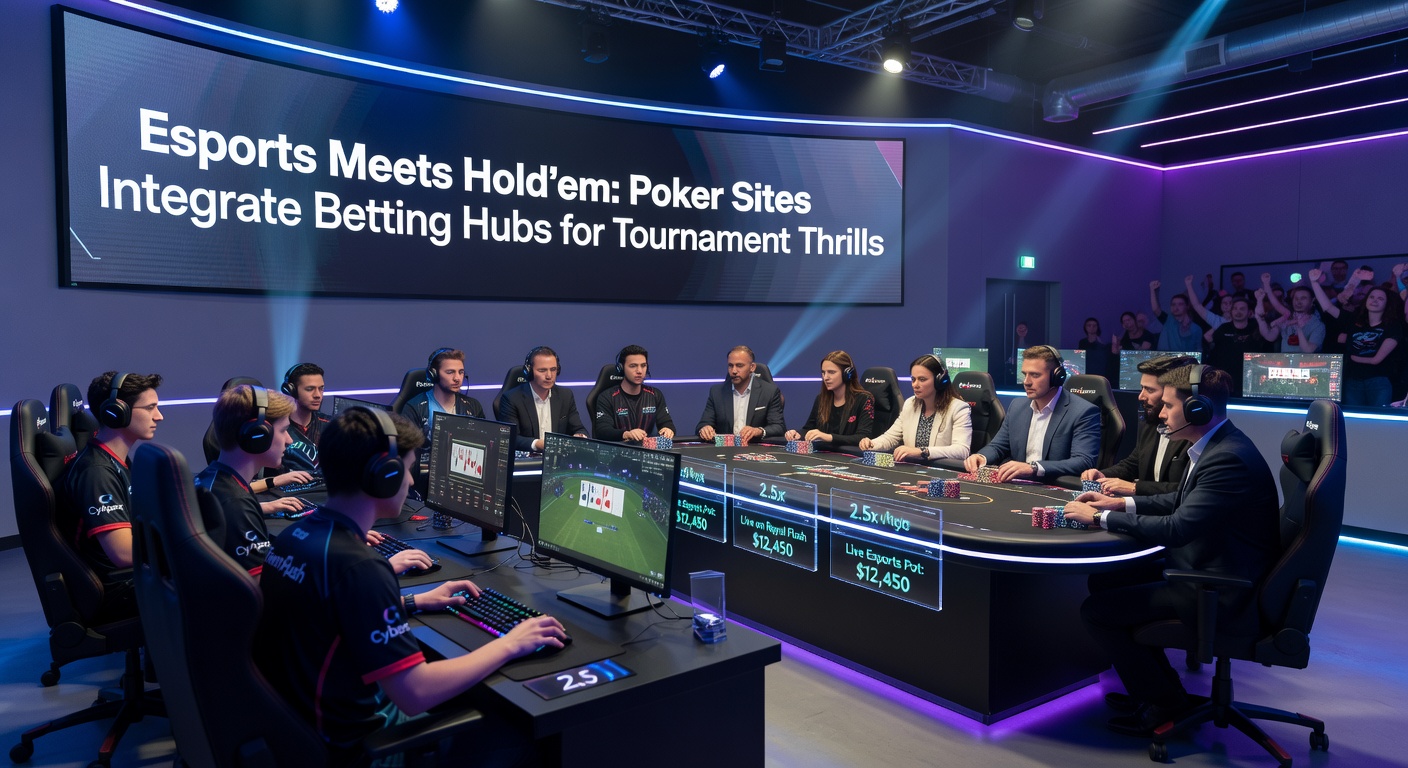 Close-up of a multi-screen setup displaying poker hands, esports leaderboards, and live betting odds, capturing the integrated thrill of dual-action wagering