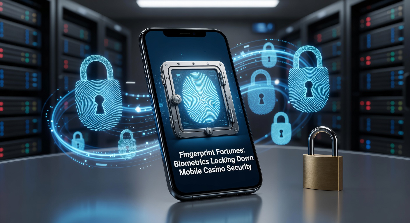 Close-up of a smartphone screen displaying a fingerprint scanner interface with casino app icons in the background, highlighting biometric authentication in action