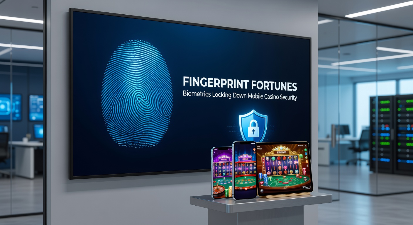 Illustration of diverse hands pressing fingerprints onto glowing mobile screens, surrounded by casino symbols like roulette wheels and card decks, symbolizing secure access across global players
