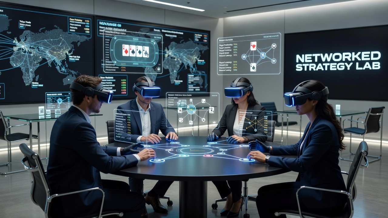 Group of players in a virtual reality strategy session reviewing poker hand data with synchronized overlays