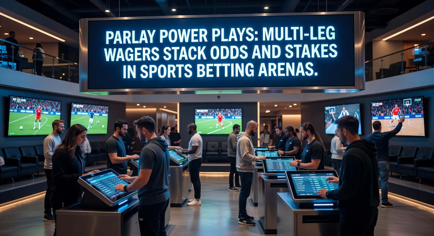 Vibrant digital display showing a multi-leg parlay bet building with stacked odds multipliers on a sports betting app interface, highlighting potential payout growth from NFL and NBA picks