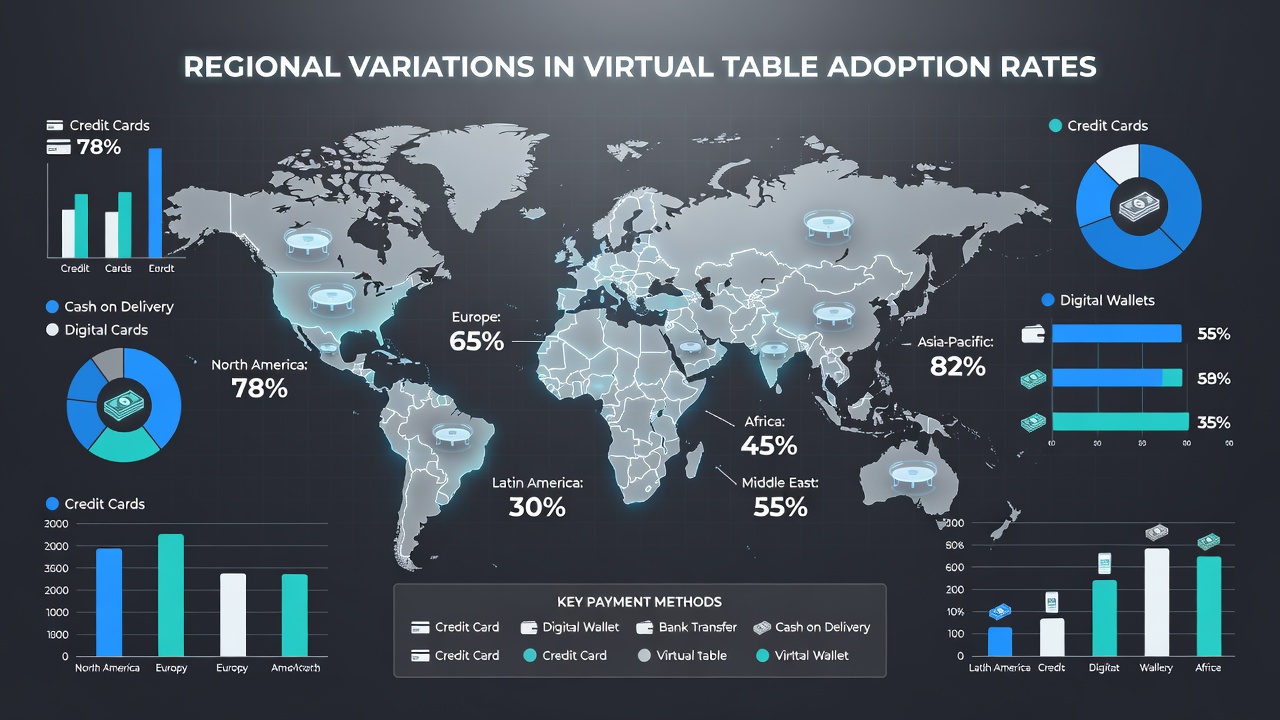 Infographic comparing virtual table game adoption rates by payment type across continents