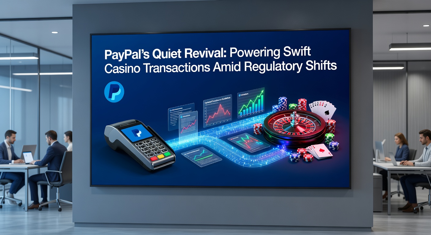 Digital illustration of PayPal logo integrated with casino chips and swift transaction arrows, symbolizing fast payments in online gaming