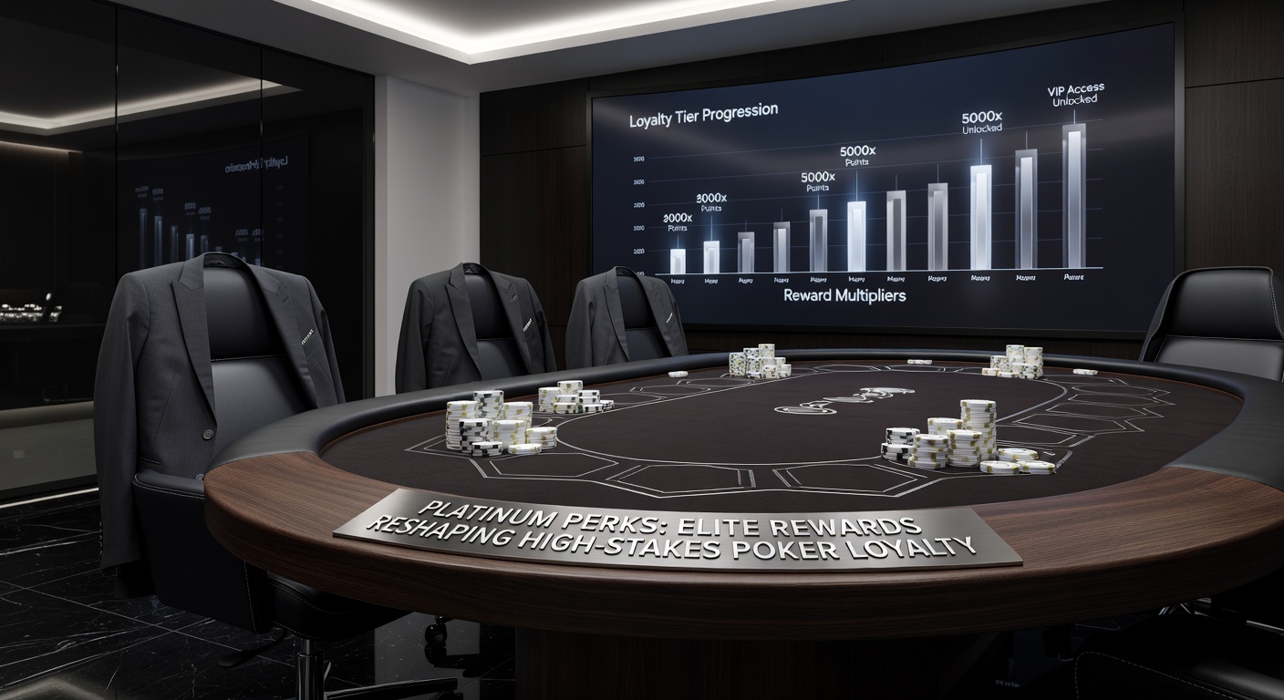 High-stakes poker table with players accessing exclusive platinum rewards lounges, chips stacked high under dramatic lighting