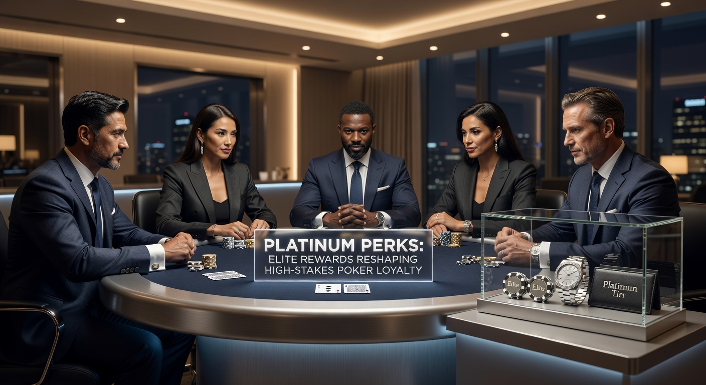 Platinum loyalty card gleaming on a velvet tray beside a stack of high-denomination poker chips and a luxury watch