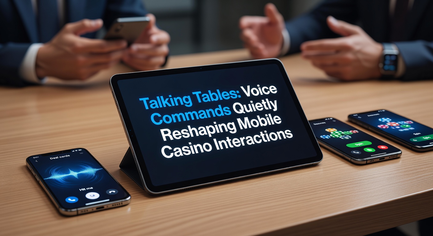 Smartphone displaying a mobile casino app with voice command interface active, showing roulette wheel and speech bubble for 'place bet on red'