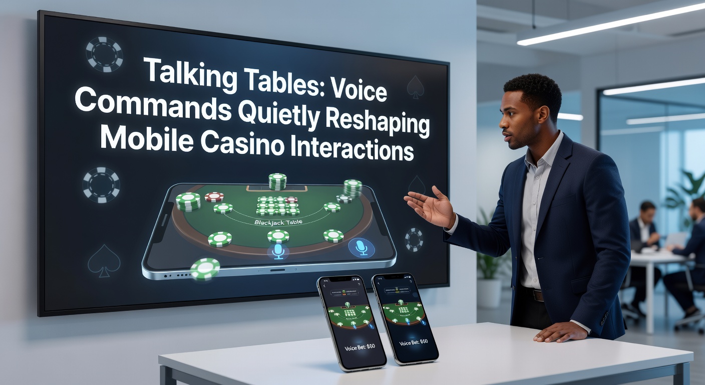 Close-up of a user's hand holding a phone near their mouth, with overlaid voice waves and casino table graphics responding to a spoken bet command