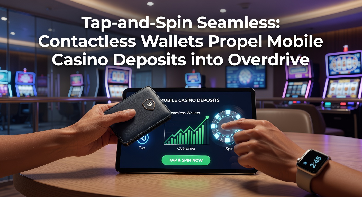 Smartphone displaying a contactless wallet interface mid-tap for instant casino deposit, with glowing NFC symbol and spinning slot reels in background