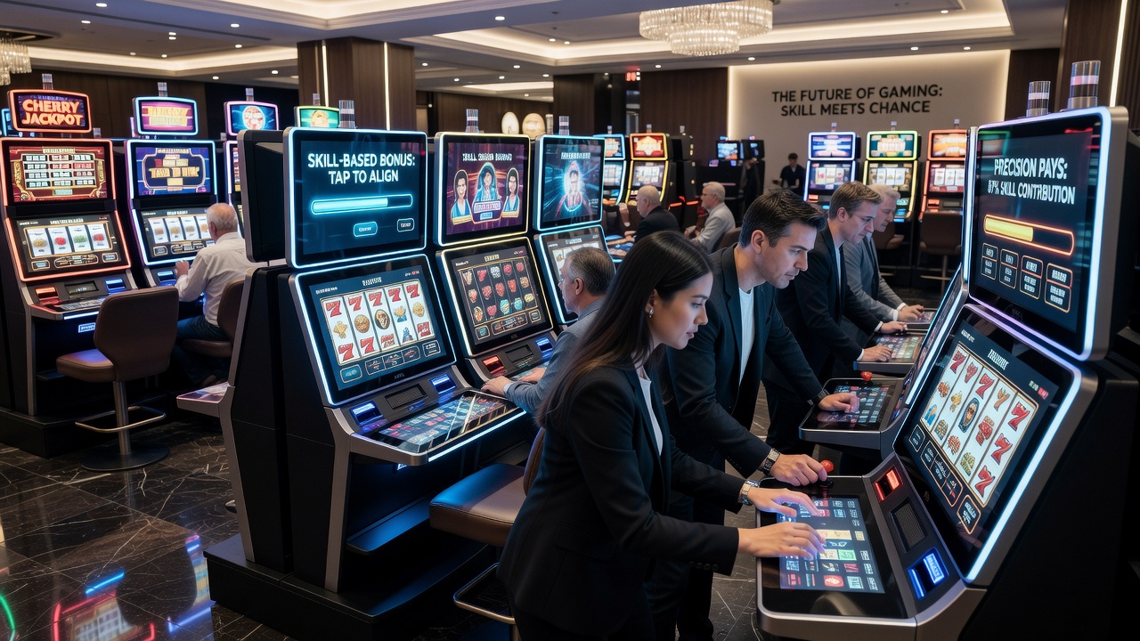 Close-up of players interacting with touch-screen skill elements on modern slot terminals