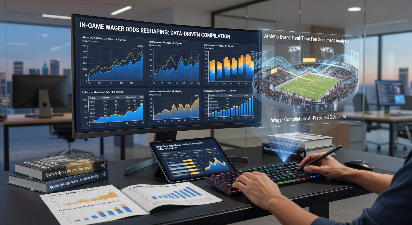 Sports analysts monitoring live data streams and adjusting betting models during an athletic event