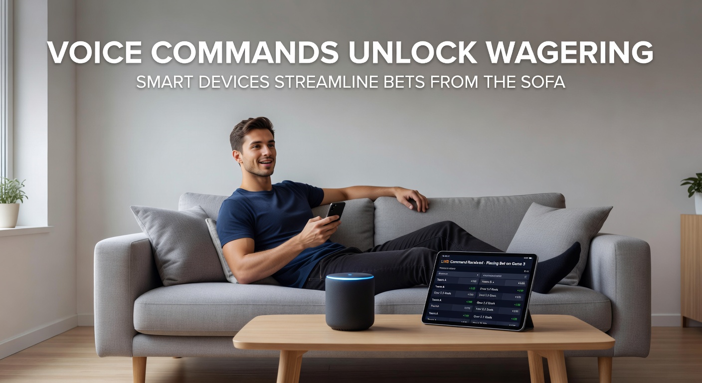 Smart speaker glowing in a cozy living room, overlaid with voice wave graphics and betting odds display