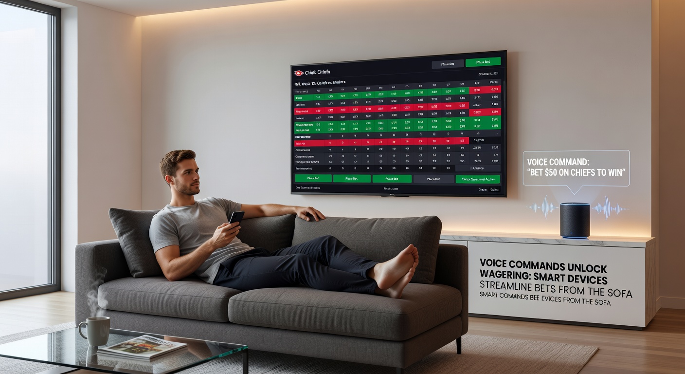 Person lounging on sofa speaking to smart speaker, with holographic betting odds floating in air