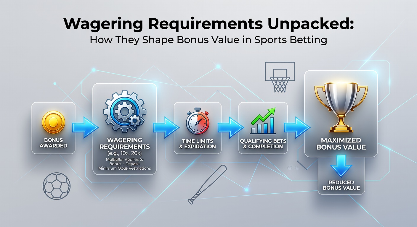 Illustration of a sports bettor analyzing wagering requirements on a betting slip with bonus icons and mathematical symbols overlayed